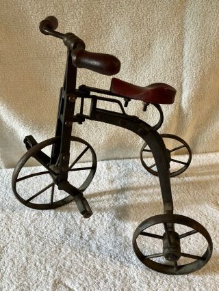 ANTIQUE METAL DOLL TRICYCLE W/WOODEN HANDLE BARS AND SEAT 2