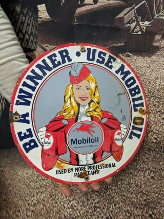 Old Vintage Dated 1952 Mobiloil Race Oil Porcelain Gas Station Sign Mobil