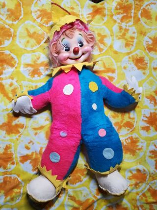 Vintage Rushton Circus Clown Crown Rubber Face Doll Plush W/ Polka Dot