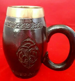 Vintage Tankard Wooden Hand Carved With Brass Liner Rustic