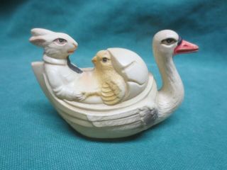 Vtg Celluloid Easter Toy Swan Boat With Chick In Egg & Rabbit