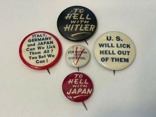 Vintage Wwii Buttons To Hell With Hitler & Japan,  V For Victory Over Dictators,