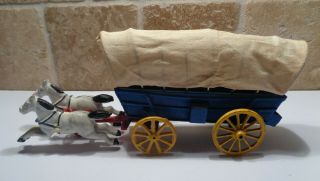 Vintage Cast Iron Toy Horse Drawn Covered Wagon Blue White