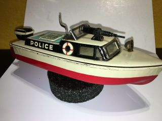 Vtg Toy Wind Up Motor Tin Police Rescue Boat Japan Perfect Machine Gun.