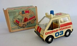 Vintage 80s Ussr Tin Friction Ambulance Toy Old Stock