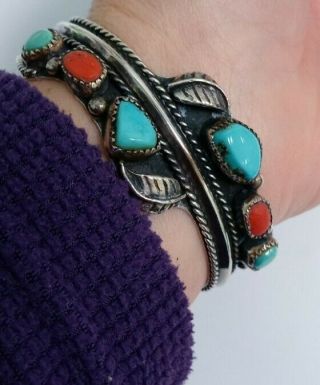 Vintage Sterling Silver Turquoise Coral Navajo Cuff Bracelet Hand Signed " Grl "