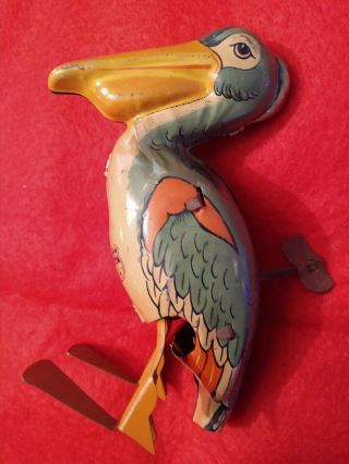 Rare Tin Litho Wind Up Toy Pelican With Key Walks Chein & Co.  Usa 5in.