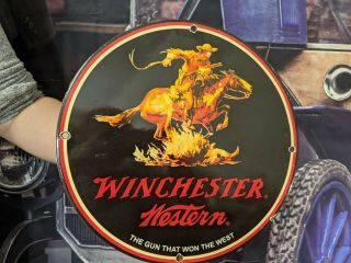Old Vintage Winchester Western Ammunition Porcelain Advertising Sign Remington