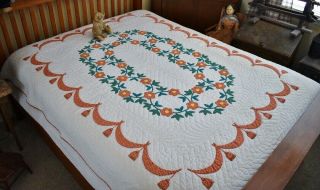 Vintage Hand Stitched Rose Wreath With Swag Border Applique Quilt