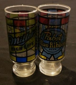 Vintage Miller High Life Pabst Blue Ribbon Stained Glass Beer Glasses