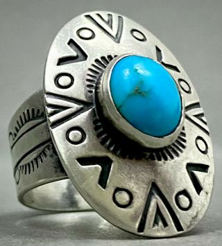 Large Vintage Navajo Native American Sterling Silver Wide Band Turquoise Ring
