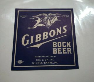 Vintage Gibbons Bock Beer 12oz Bottle Label The Lion Brewing Co Wilkes Barre Pa