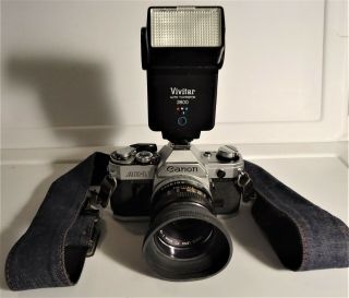 Vintage Canon Ae - 1 35mm Camera With Fd 50mm 1:1.  8 Lens,  Flash & Strap - $39.  88