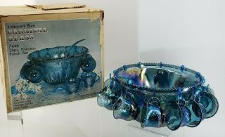 Vintage Indiana Iridescent Blue Carnival Glass Punch Bowl Set Grapevine No Ladle