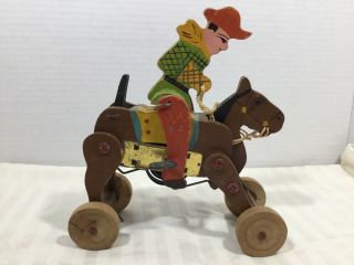 Antique Made In Japan Wind Up Bucking Horse Cowboy Wood Toy Hand Painted Vintage