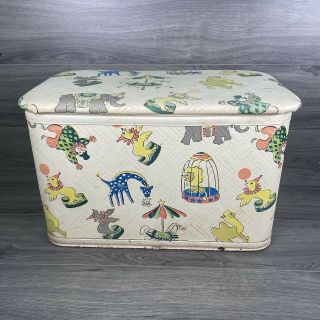 Vtg Circus Toy Box Pearl Wick Gaytime Quilted Vinyl Child’s Chest 50s 60s Clowns
