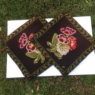 Pair Vintage Wool Needlepoint Handmade Accent Pillow Covers Floral 18”x18”