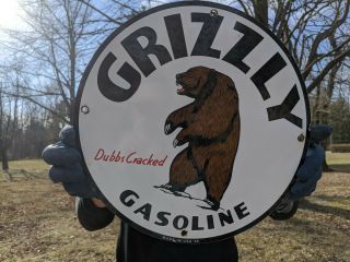 Old Vintage 1936 Grizzly Bear Gasoline Porcelain Gas Station Pump Sign Bear