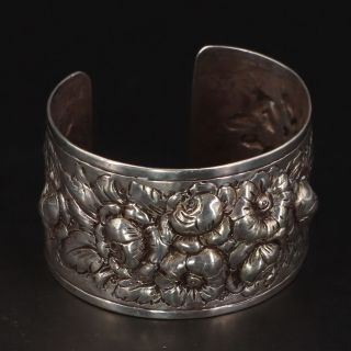 Vtg Sterling Silver - Art Nouveau Ornate Repoussé Floral 7 " Cuff Bracelet - 57g