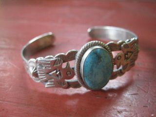 Vintage Navajo Native Harvey Sterling Silver Turquoise Eagle Cuff Bracelet