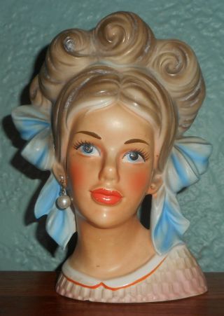 Vintage 7.  5 " Enesco Japan Lady Head Teenager Girl Blue Bow Hair Vase Planter