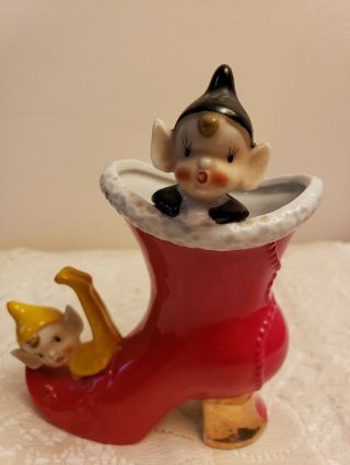 Vintage 1950s Ceramic Pixie Elves Sitting On A X Mas Boot - Gold Trim - Japan
