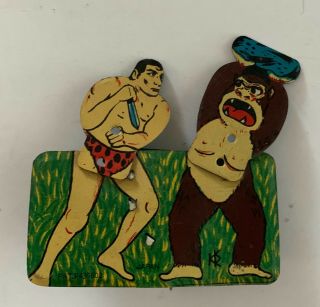 Rare Antique Tin Litho Caveman And Gorilla Game Toy Clicker Japan