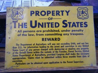 Vintage Us Forest Service Property Of The United States Tin Sign Western Can Co.