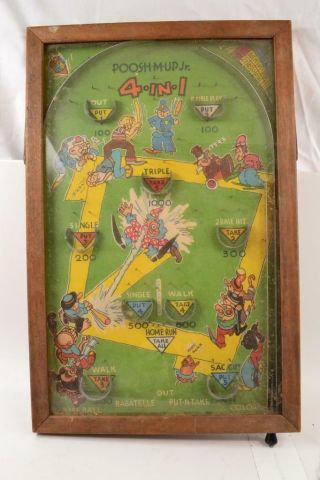 Vintage Poosh - M - Up Jr.  4 - In - 1 Table Top Baseball Pinball Game - Of - R4