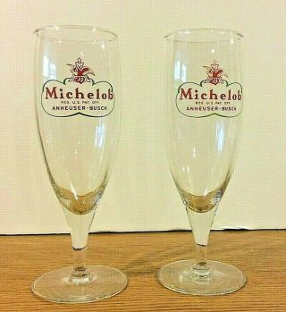 Michelob Beer Stemmed Footed Pilsner Glasses (two) 7 1/2 " Tall Vintage Rare