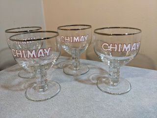 Four (4) Chimay Beer Glasses Silver Rimmed 12oz Belgian Trappist 5 1/4 " Tall