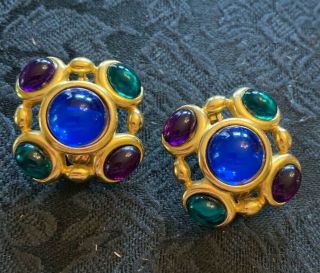Vintage Trifari Purple,  Blue,  & Green Gripoix Glass Clip On Earrings