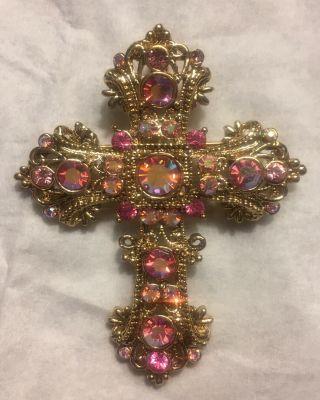 Vtg Kirks Folly Gold Tone Iridescent Pink Rhinestone Large Cross Brooch Pendant