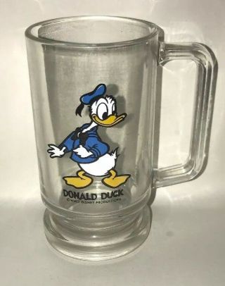 Vintage Walt Disney Productions Donald Duck Clear Glass Mug Cup Stein - 1970s