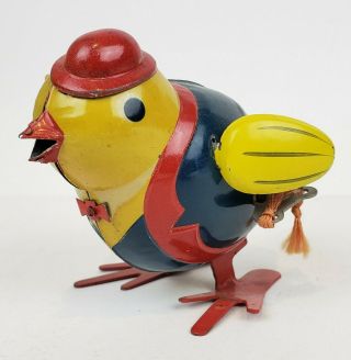Vintage Occupied Japan Tin Wind Up Toy Chic Chicken W/ Hat Mechanical Toy