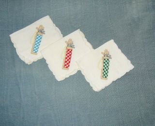 6 Vintage White Linen Embroidered And Appliqued Cocktail Napkins - Golf Bags