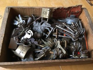 Box Of Old Vintage Keys And Locks And Mystery.