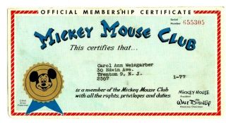 Vintage Mickey Mouse Club Membership Certificate Number - 655305