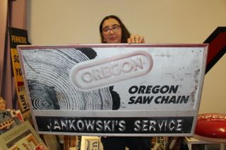 Large Vintage Oregon Chain Saws Farm Tool Gas Oil 36 " Embossed Metal Sign