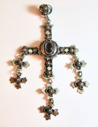 Vintage Scd Taxco Mexico Sterling Silver & Amethyst Yalalag Cross Pendant