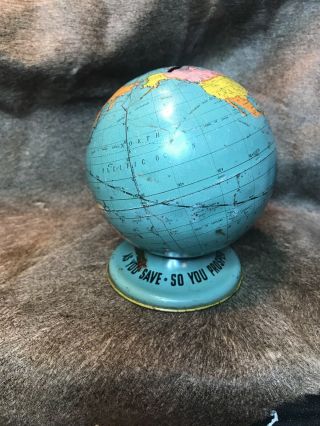 Vintage Globe Still Bank Tin Litho - Art By Ohio Art.  Atlantic City Souvenir.  Wow