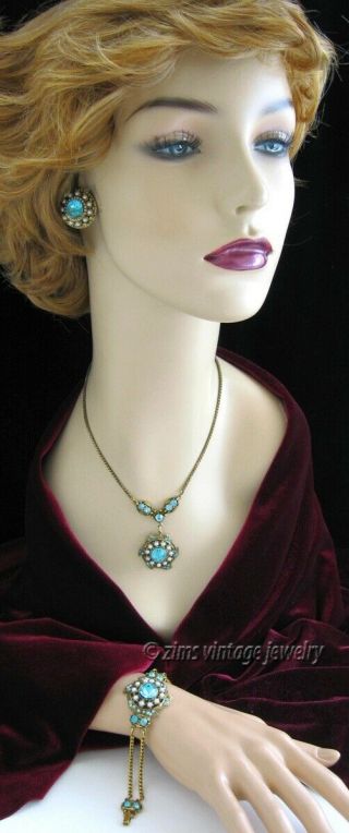 Vintage unsigned HOLLYCRAFT Aqua blue rhinestone Gold NECKLACE Bracelet earrings 2
