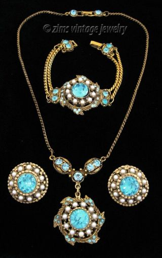 Vintage unsigned HOLLYCRAFT Aqua blue rhinestone Gold NECKLACE Bracelet earrings 3