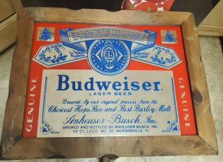 Vintage Wood Framed Budweiser Lager Beer Mirror Bar Sign