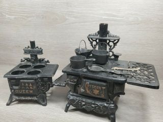 Vintage Crescent & Queen Cast Iron Wood Stove Salesman Samples Miniatures (a3