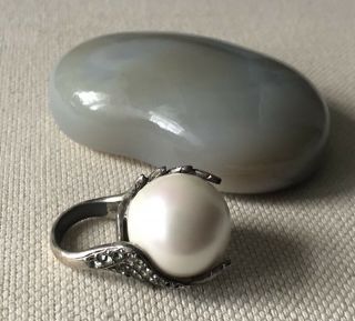 Stunning Vintage Lanvin Giant Faux Pearl And Crystal Winged Cocktail Ring.