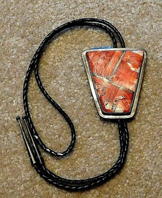 Large Vtg Old Navajo Sterling Silver Bolo Tie Red & White Agate Mosaic Signed Nc