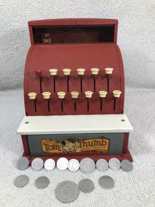 Vintage Tom Thumb Red Metal Cash Register Western Stamp Co.  1950s Toy W/ Coins