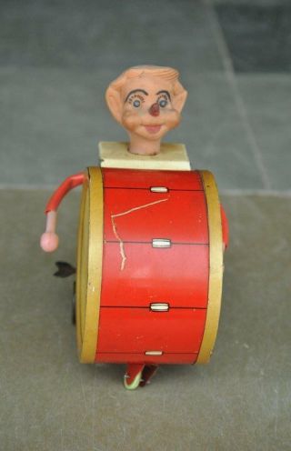 Vintage Windup Circus Clown Playing Drum Litho Tin Toy,  Collectible