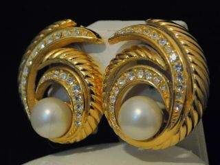 Haute Couture Christian Dior Faux Pearl Crystal Gold Plated Vintage Earrings 3